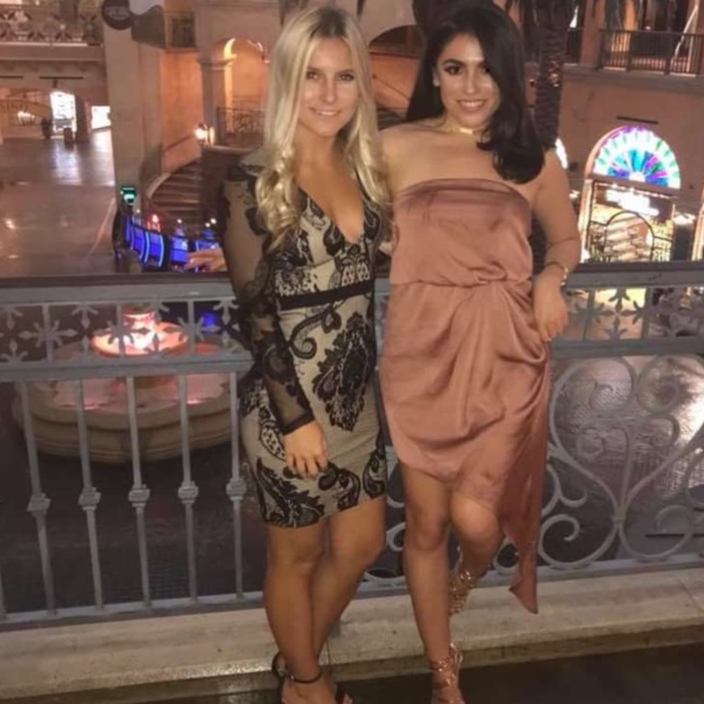 Black Lace Dress. Deep V and Long Sleeve